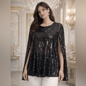 DKNY Black Sequin Cape Sleeve Blouse Evening Holiday Party Glam Top S M Cocktail